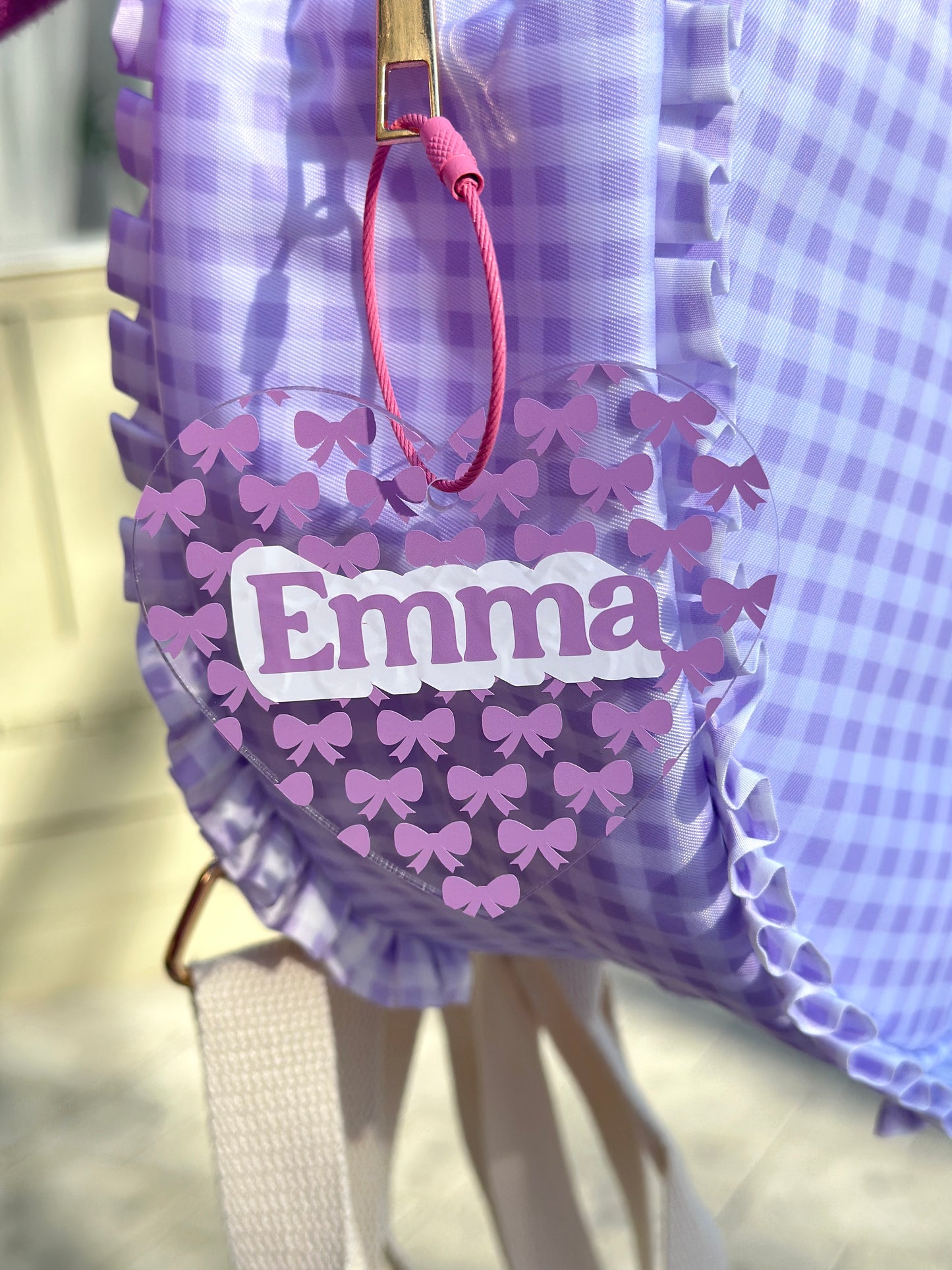 Personalized Acrylic Tag - Clear Heart with Purple Bows