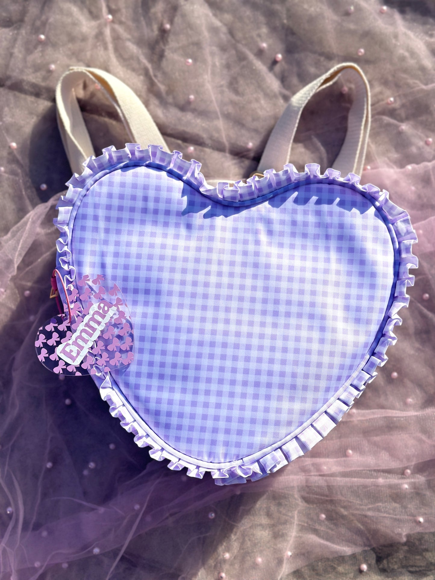 Personalized Acrylic Tag - Clear Heart with Purple Bows