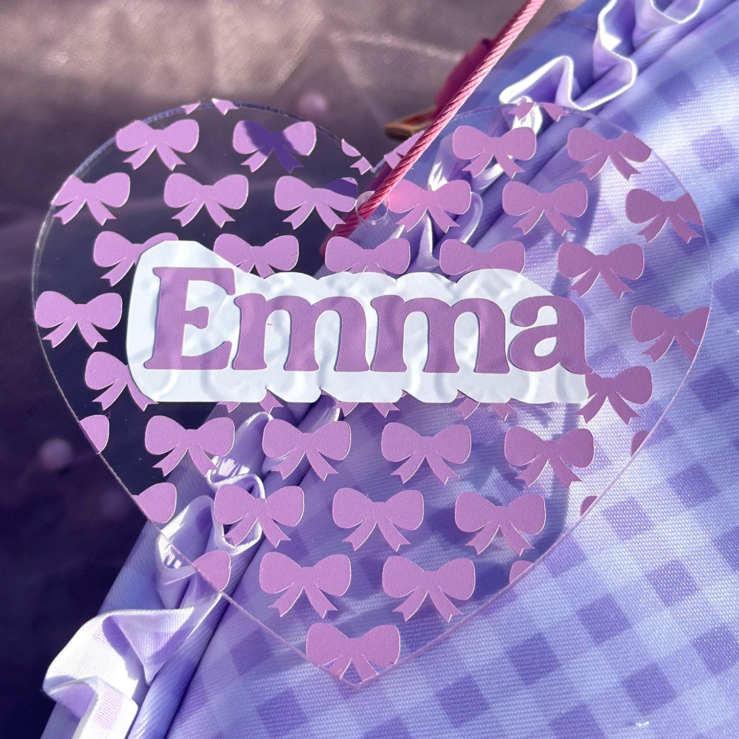 Personalized Acrylic Tag - Clear Heart with Purple Bows