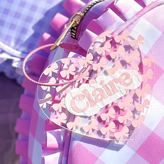 Personalized Acrylic Tag - Clear Heart with Pink Bows