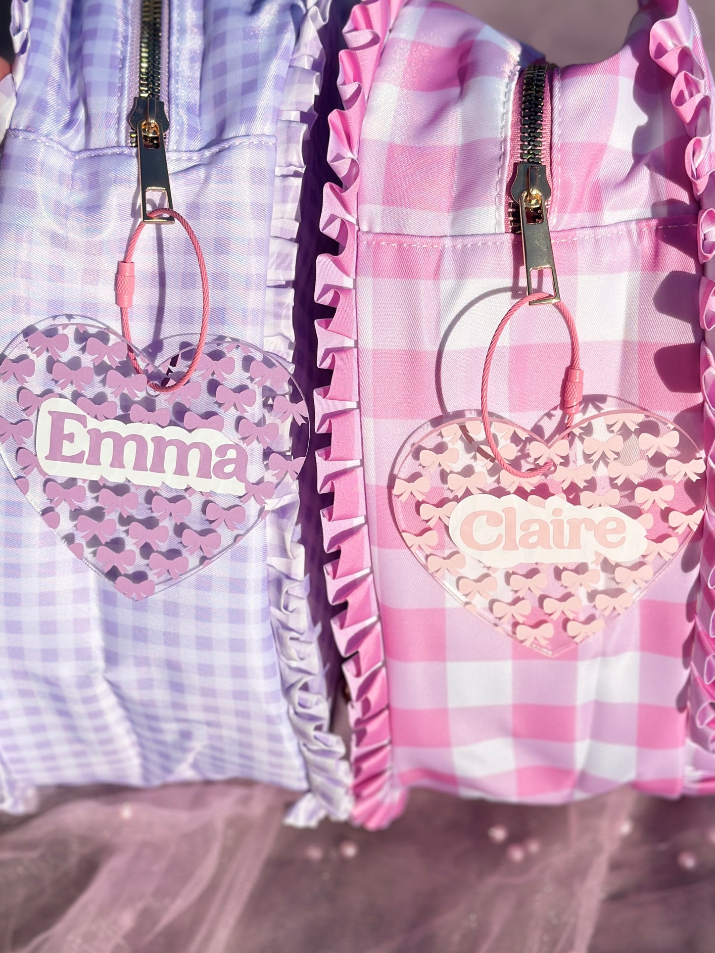 Personalized Acrylic Tag - Clear Heart with Pink Bows